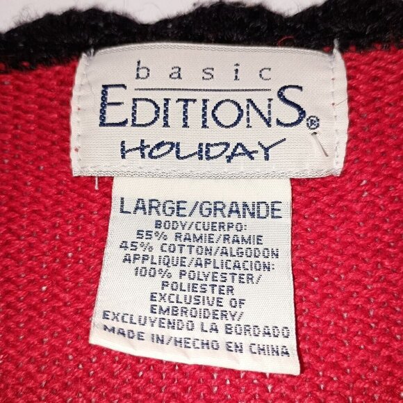Ugly Christmas Cardigan Sweater Red & Black Crochet Trim Rami Cotton Blend Sz LG - Picture 4 of 11